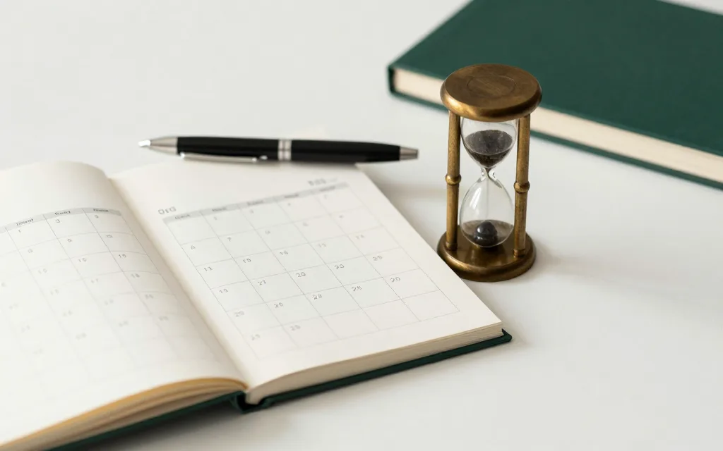 שעון חול קטן מונח על עמוד לוח שנה פתוח, צילום-על על שולחן בהיר